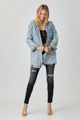 RISEN Distressed Raw Hem Denim Shirt Trendsi