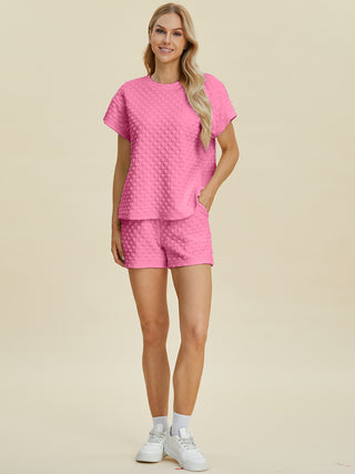 Double Take Full Size Texture T-Shirt and Shorts Set Trendsi