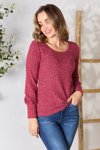 Ribbed Round Neck Lantern Sleeve Blouse Trendsi