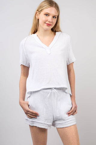 VERY J Washed Cotton Crinkle Gauze Top and Shorts Set Trendsi