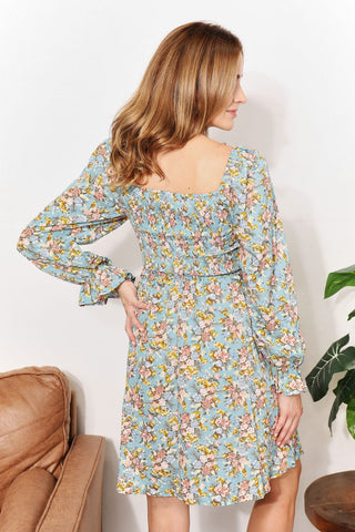 Honey Floral Smocked Flounce Sleeve Square Neck Dress Trendsi