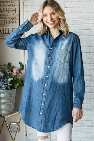 Veveret Pocketed Button Up Washed Denim Shirt Trendsi