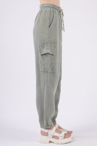 VERY J Washed Woven Crinkle Gauze Drawstring Pants Trendsi