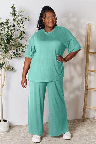 Double Take Full Size Round Neck Slit Top and Pants Set Trendsi