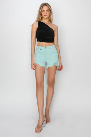 RISEN Mid Waist Frayed Hem Denim Shorts Trendsi