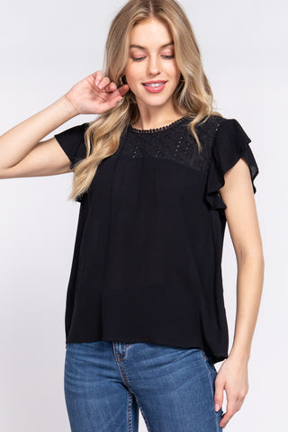 ACTIVE BASIC Ruffle Short Sleeve Crochet Blouse Trendsi