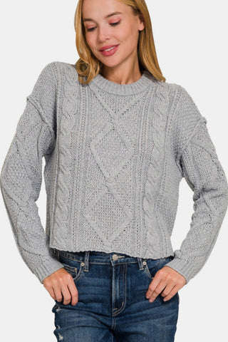 Zenana Cropped High Low Cable Sweater with Side Slits Trendsi