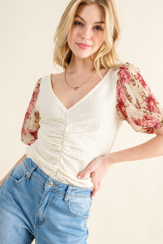 And The Why Full Size Floral Print Textured Sleeve Knit Top Trendsi