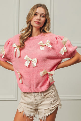 BiBi Ribbon Bow Detail Puff Sleeve Sweater Trendsi