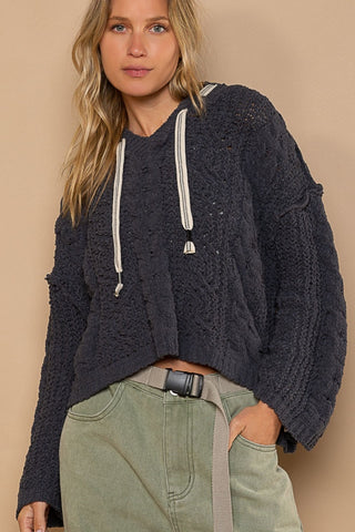 POL Cable Knit Hooded Chenille Sweater Trendsi