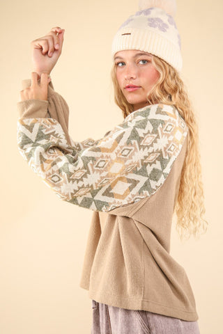 VERY J Printed Long Sleeve Round Neck Knit Top Trendsi