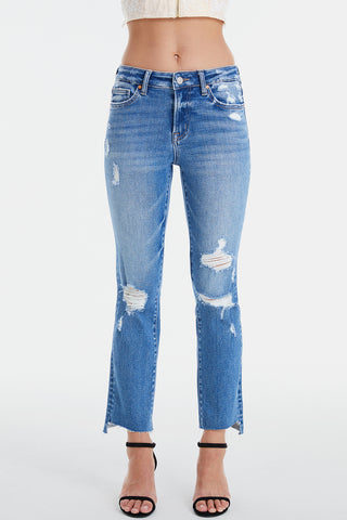 BAYEAS Full Size Mid Waist Distressed Ripped Straight Jeans Trendsi