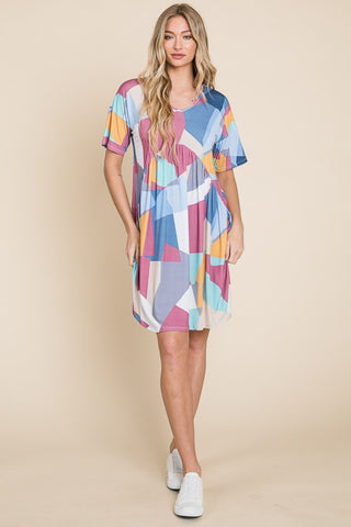 BOMBOM Ruched Color Block Short Sleeve Dress Trendsi