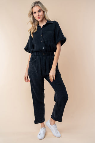 White Birch Texture Short Sleeve Jumpsuit Trendsi