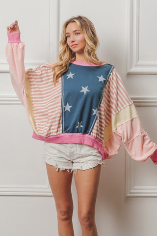 BiBi Stars and Stripes Round Neck Long Sleeve Top Trendsi