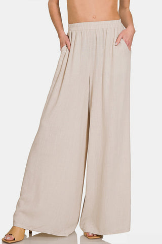 Zenana Pleated Linen Blend Wide Leg Pants Trendsi