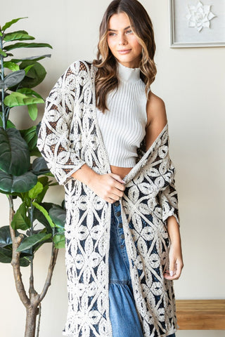 Veveret Geometric Open Front Three-Quarter Sleeve Cardigan Trendsi