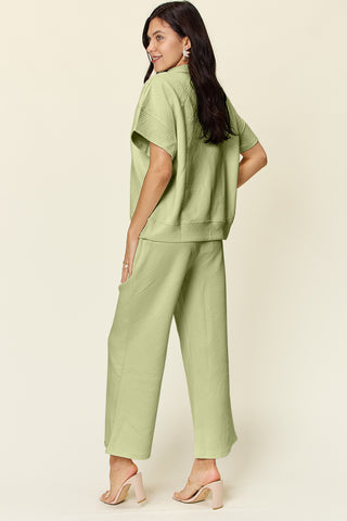 Double Take Full Size Texture Half Zip Short Sleeve Top and Pants Set Trendsi