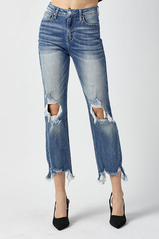 RISEN High Waist Distressed Frayed Hem Cropped Straight Jeans Trendsi