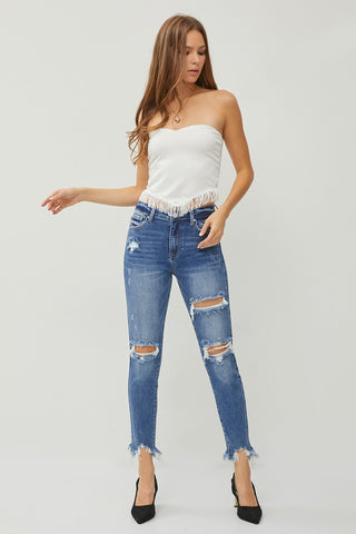 RISEN Distressed Frayed Hem Slim Jeans Trendsi