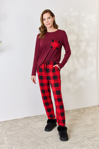 Zenana Full Size Plaid Round Neck Top and Pants Pajama Set Trendsi