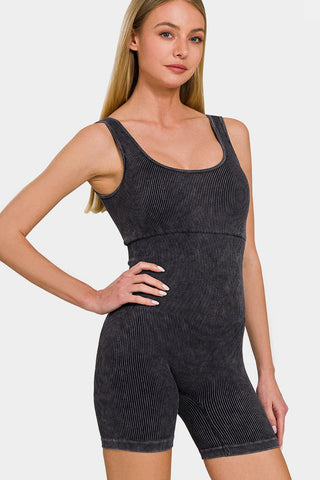 Zenana Washed Ribbed Romper with Pad Trendsi