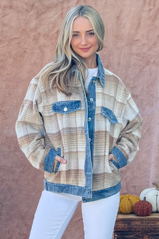 And The Why Full Size Washed Denim Detail Brushed Plaid Jacket Trendsi