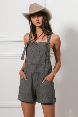 BiBi Tie Strap Washed Stripe Denim Overalls Trendsi