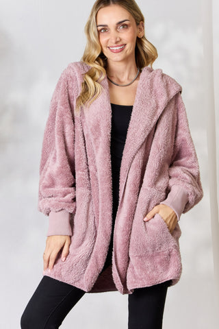 H&T Faux Fur Open Front Hooded Jacket Trendsi