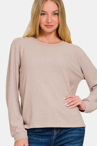 Zenana Hacci Round Neck Long Sleeve T-Shirt Trendsi