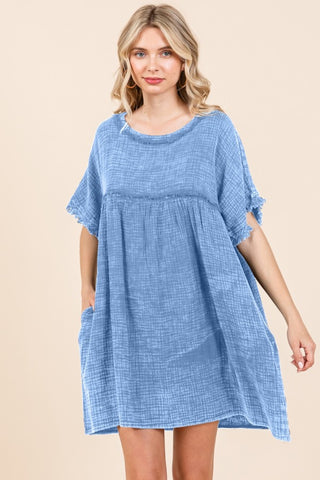 Culture Code Full Size Short Sleeve Babydoll Texture Dress with Pockets Trendsi