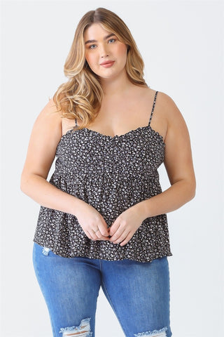 Zenobia Plus Size Frill Smocked Floral Sweetheart Neck Cami Trendsi