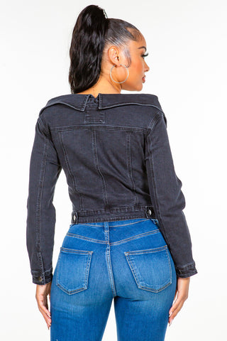 American Bazi Off Shoulder Lace Up Denim Jacket Trendsi