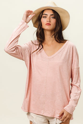 BiBi Exposed Seam V-Neck Long Sleeve T-Shirt Trendsi