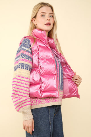 VERY J Shiny Metallic Zip Up Puffer Vest Trendsi