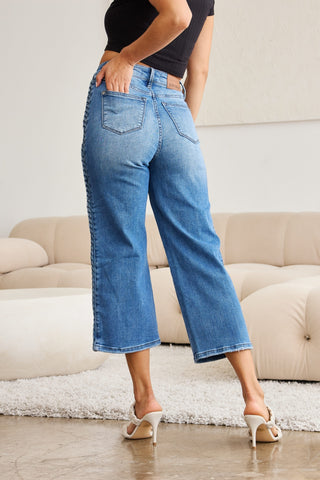 Judy Blue Full Size Braid Side Detail Wide Leg Jeans Trendsi