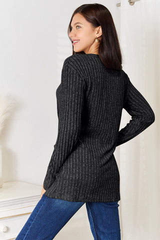 Double Take Notched Neck Ribbed Long Sleeve T-Shirt Trendsi