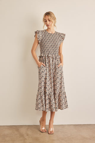 In February Floral Smocked Ruffled Midi Dress Trendsi