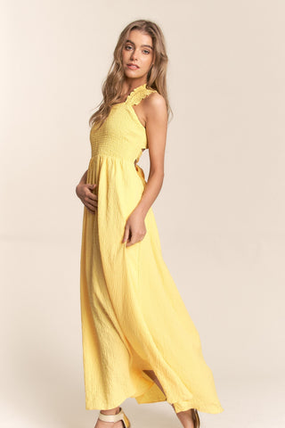 J.NNA Texture Crisscross Back Tie Smocked Maxi Dress Trendsi