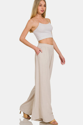 Zenana Pleated Linen Blend Wide Leg Pants Trendsi