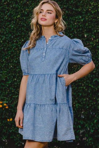 ODDI Washed Tiered Mini Denim Dress Trendsi