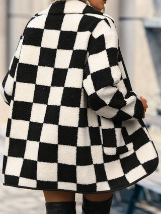 Double Take Full Size Checkered Button Front Coat with Pockets Trendsi