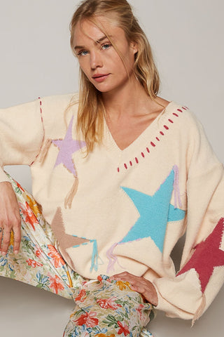 POL V-Neck Long Sleeve Star Fringe Sweater Trendsi