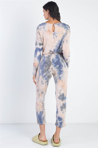 Cherish Apparel Tie-Dye Round Neck Long Sleeve Jumpsuit Trendsi