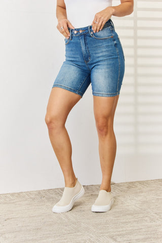 Judy Blue Full Size Tummy Control Double Button Bermuda Denim Shorts Trendsi