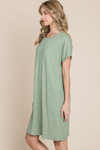 BOMBOM Ribbed Round Neck Short Sleeve Dress Trendsi