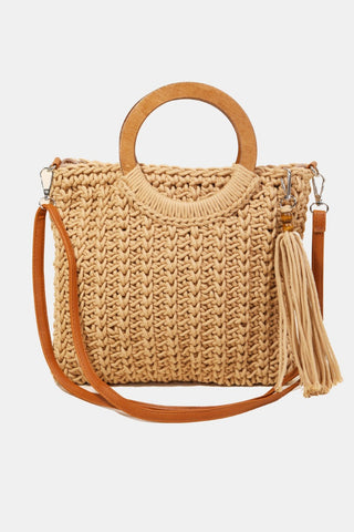 Fame Crochet Knit Convertible Tote Bag with Tassel Trendsi