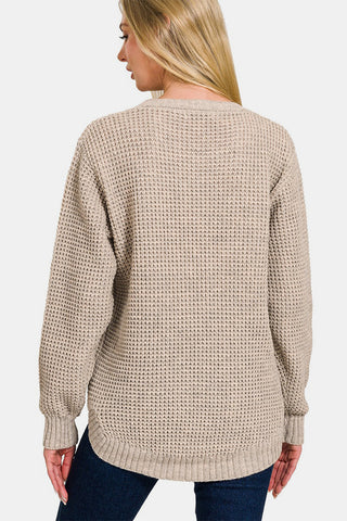 Zenana High Low Long Sleeve Waffle Sweater Trendsi