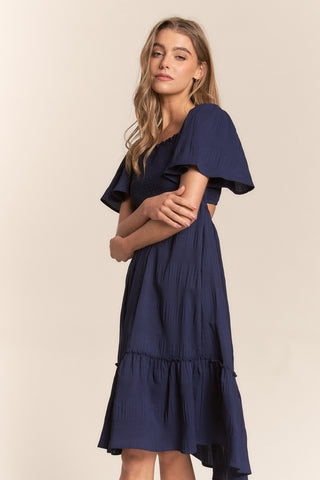 J.NNA Smocked Bow Back Ruffle Hem Dress Trendsi