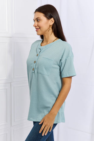 Heimish Made For You Full Size 1/4 Button Down Waffle Top in Blue Trendsi